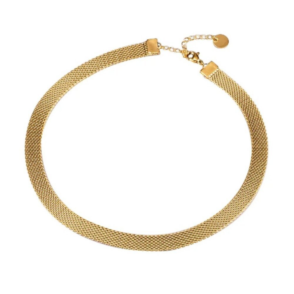 Stainless Steel Occidental Wide Braided Mesh Chain Collar 18K‎ Gold Plated